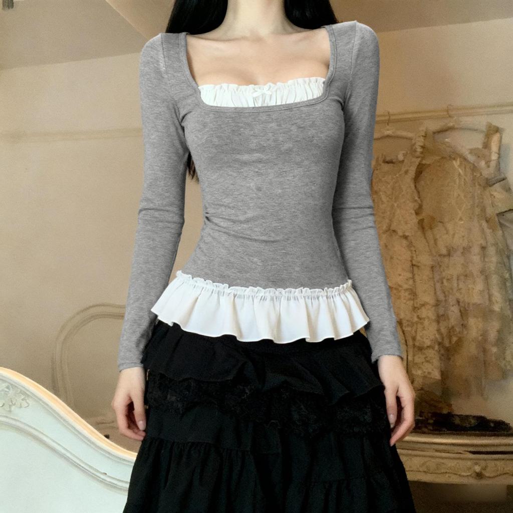 European Faux Two-Piece Lace Long-Sleeve T-Shirt, Slimming & Flattering Autumn Top for Women