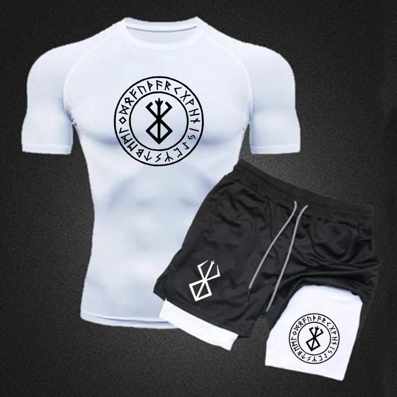 Men's Anime Double-Layer Quick-Dry Shorts & Tee Set for Outdoor Running & Fitness