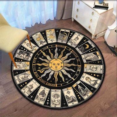 Alfombra Redonda Estampada con Tarot Místico Antiguo y Zodiaco, Alfombra Antideslizante Estilo Wicca Espiritual para Entrada Sala de Estar Dormitorio Decoración de Suelo