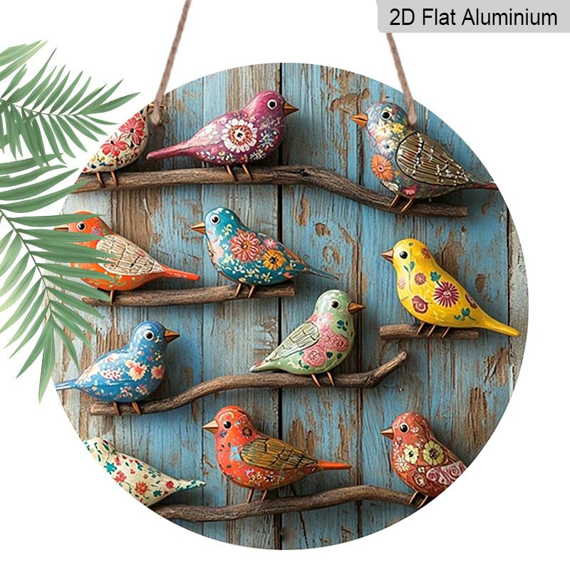 Plano 2D, 1 pieza Redondo de Aluminio Colorido Pájaro de Arte Popular Señal, Vintage Floral Pintado Pájaro Placa de Metal, Impermeable y a Prueba de Óxido, Perfecto para Casa de Campo