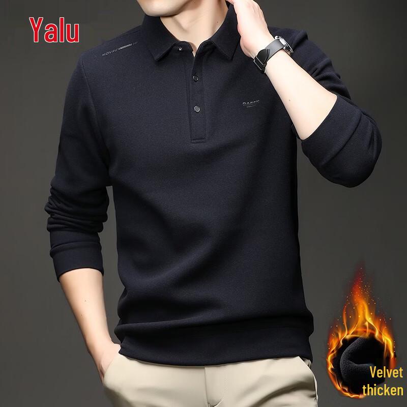 Yalu Men's Fleece-Lined Silk-Wool Blend Long-Sleeve Polo Shirt