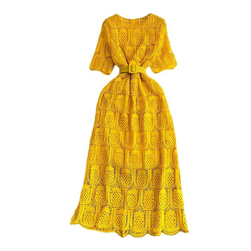 Summer Retro Cut Out Lace Dress Elegant Short Sleeve