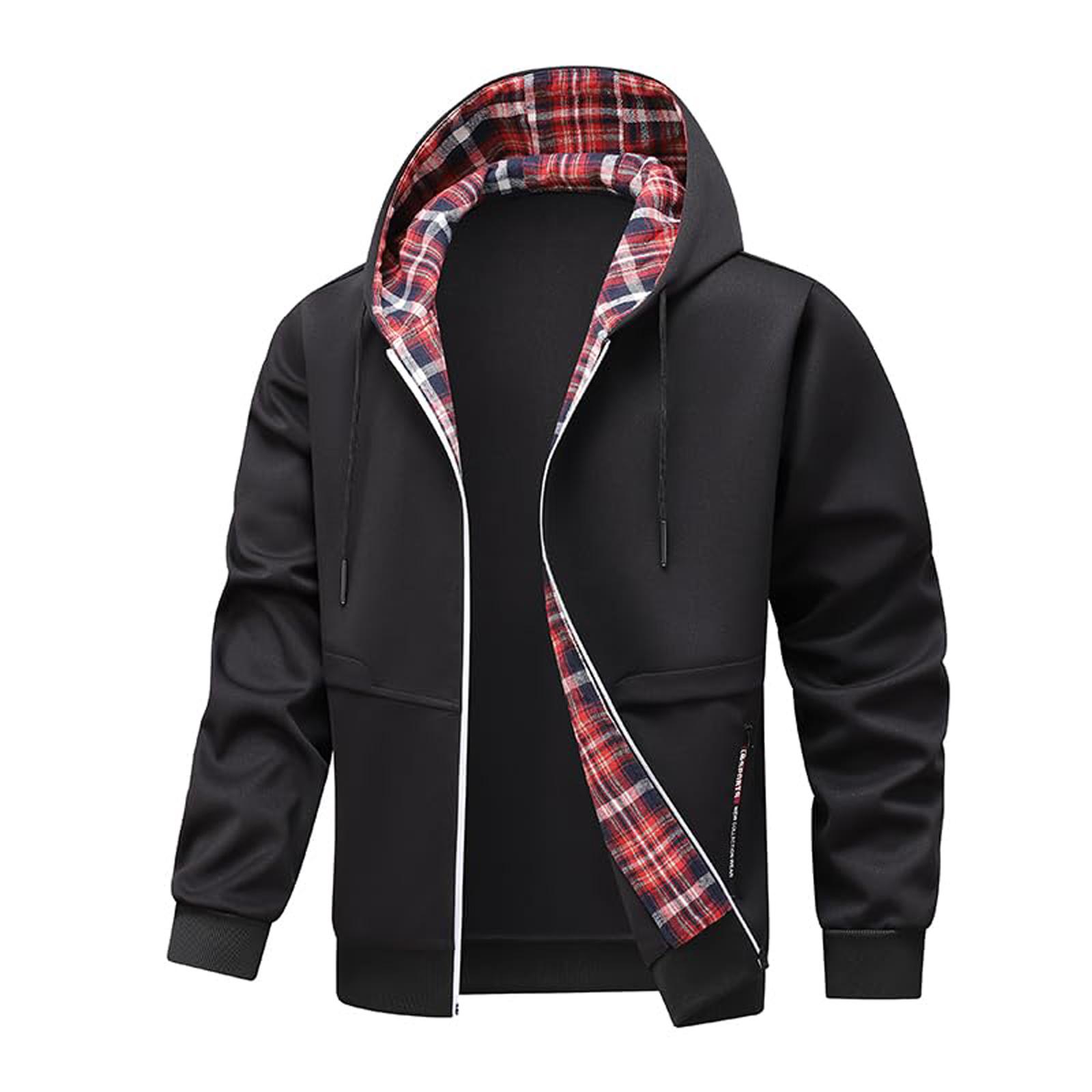 Men s Basic Hooded Cardigan In Solid Color With Pockets And Contrasting Plaid L 2853₽