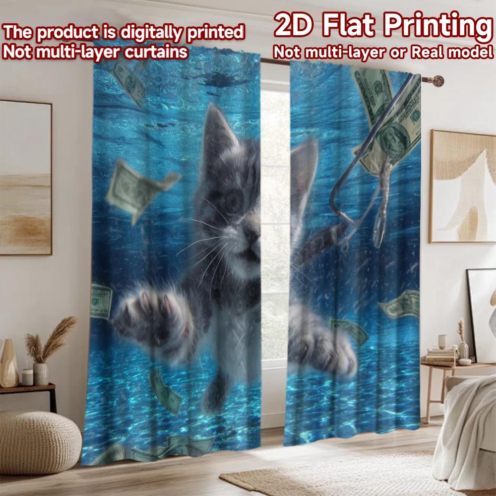 2D flat printing 2pcs Window Curtains Cat Money Underwater Fishing Digital Printed Polyester Drapes Seasonal Party & Holiday