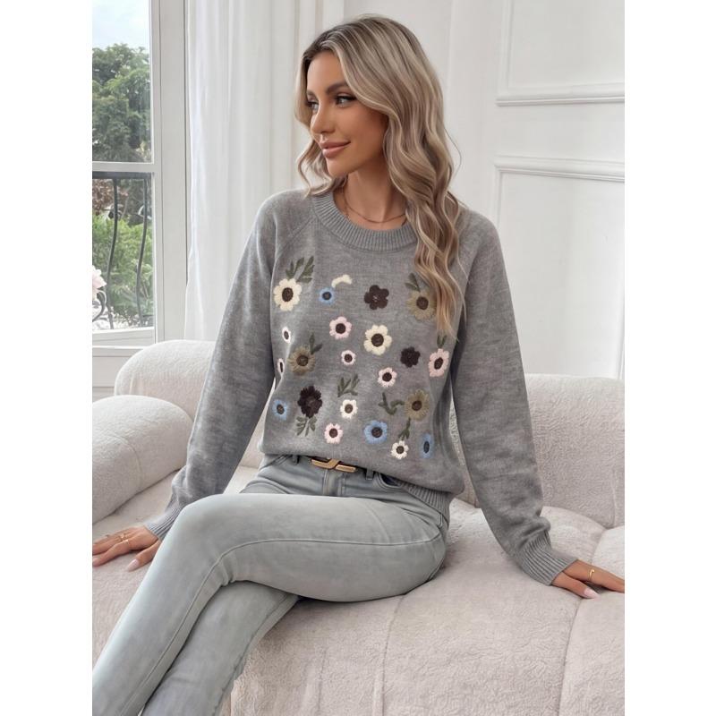 Women S Crew Neck Long Sleeve Knit Sweater With Flower Embroidery