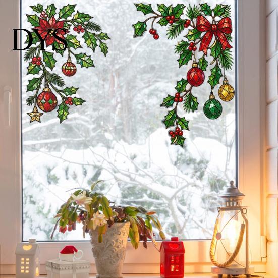 Electrostatic Window Film 2Pcs Christmas Static Clings, Corner Wreath No?Glue Glass Decals with Holly Reusable Sticker Xmas Balls Bow Poinsettia,