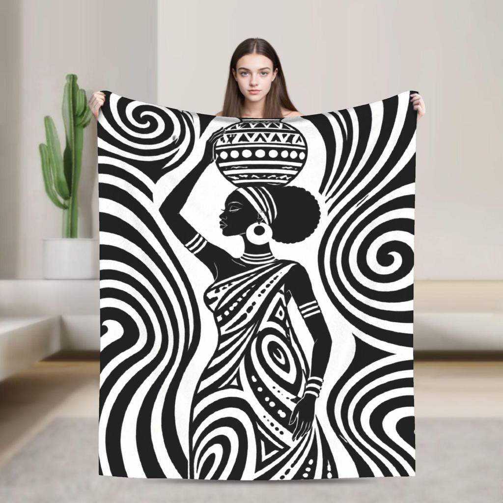 African Woman Fleece Blanket, Black White Tribal Art, Modern Ethnic Decor