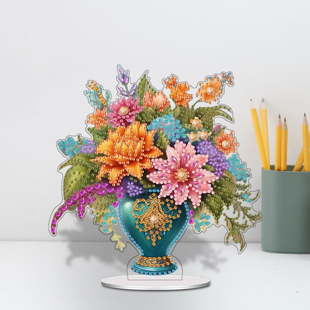 Acrylic Rose Lily Butterfly Flower Vase Desktop Diamond Art Kits 5D DIY Diamond Art Tabletop Decorations for Home Office Decor