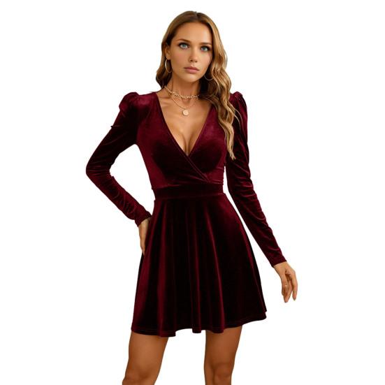 Dámské sametové minišaty Ležérní výstřih do V Dlouhý rukáv A-line Rozšířené šaty Koktejlové párty Formální šaty pro svatebního hosta
