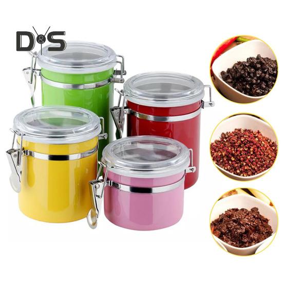 4ks Nerezová vzduchotěsná sada kanystrů Nádoba na potraviny Odolná proti vlhkosti Kuchyňská linka Organizér pro skladování cukru a mouky s průhledným víkem