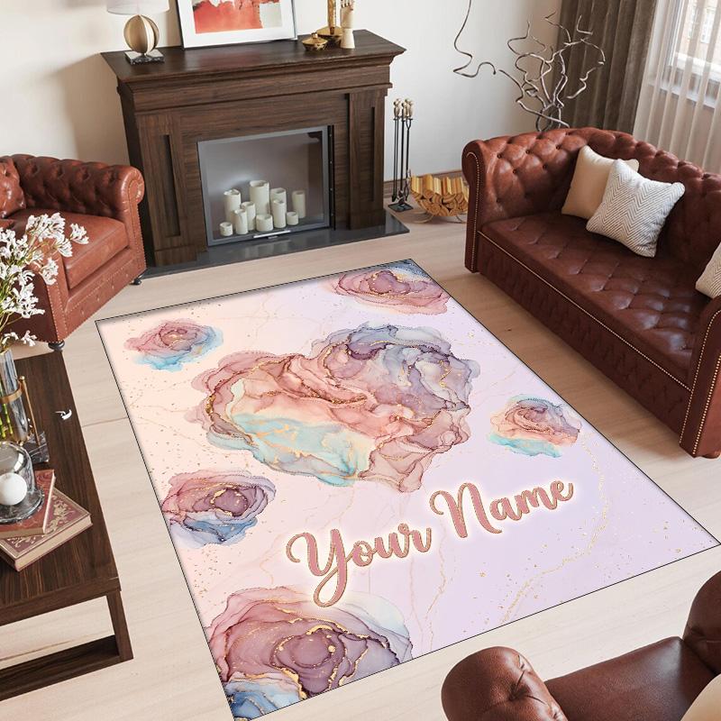 Hearts Theme Crystal Velvet Floor Rug Personalized Custom Name Text Warm Carpet Home Decoration