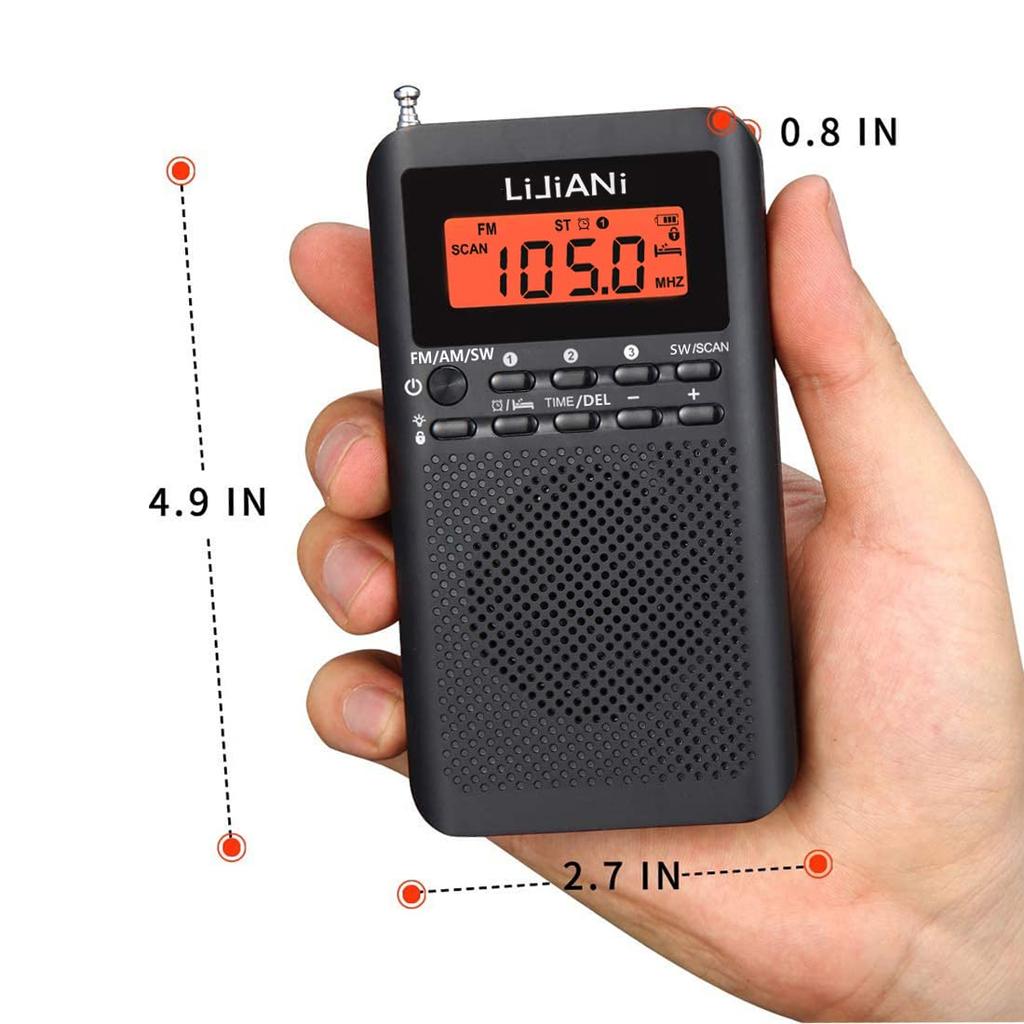 Compact Portable Radio for FMAMSW, Uses Two AA Batteries, Features Backlit Buttons for Nighttime Use, Digital Clock, Alarm Clock, and Sleep Timer