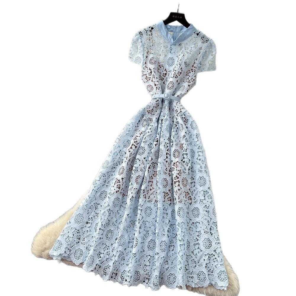 Lace hollow sweet design dress women's summer high waist A-shaped skirt commuting elegant temperament long dress