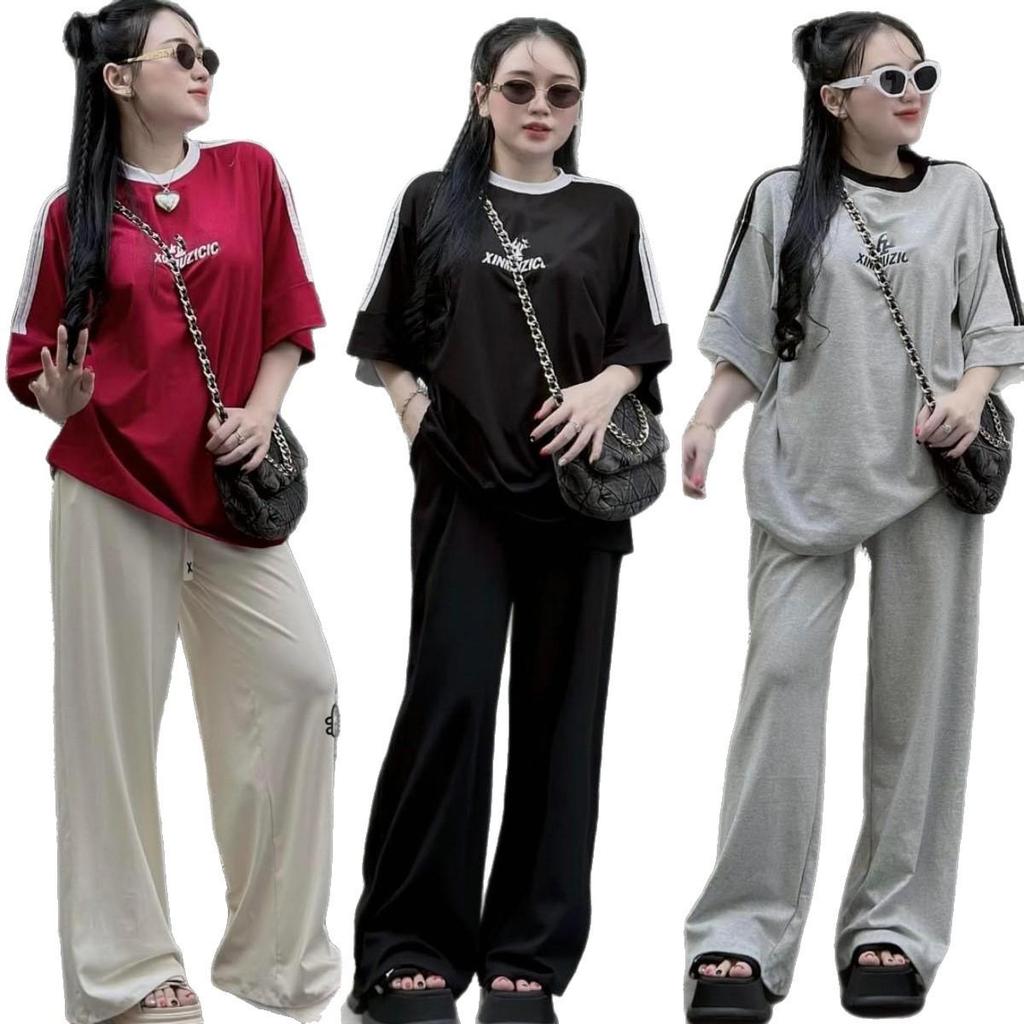 American-Style Women's Summer Fashion: Embroidered Letter Loose Two-Piece Set with Short Sleeve Top & Wide-Leg Pants, Plus Size