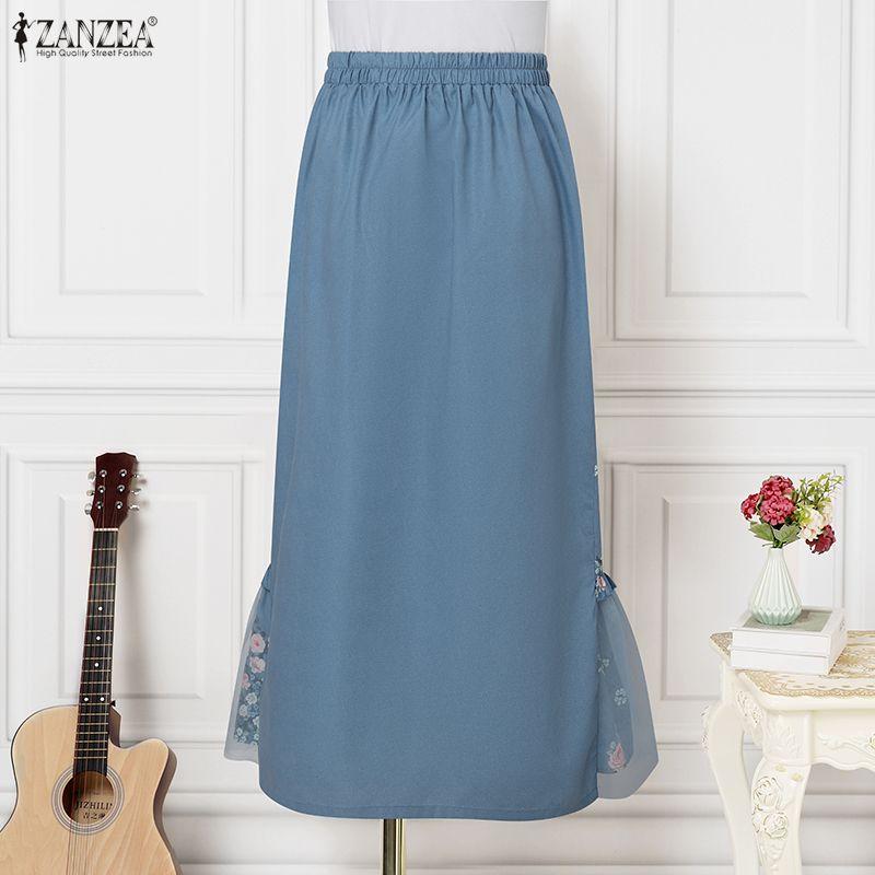 ZANZEA Womens Casual Floral Print Mesh Splice Hem Summer Midi Skirts