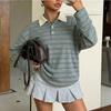 Womens Striped Button Polo Collar Long Sleeve Casual Loose Sweatshirt