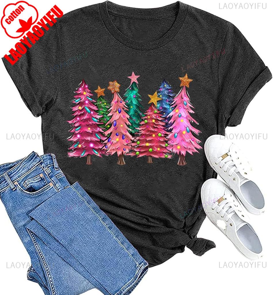New Year Xmas Gift Merry Christmas Cotton Shirts for Women Merry and Bright Tree Graphic Holiday Printed TShirt Tops Unisex Tee