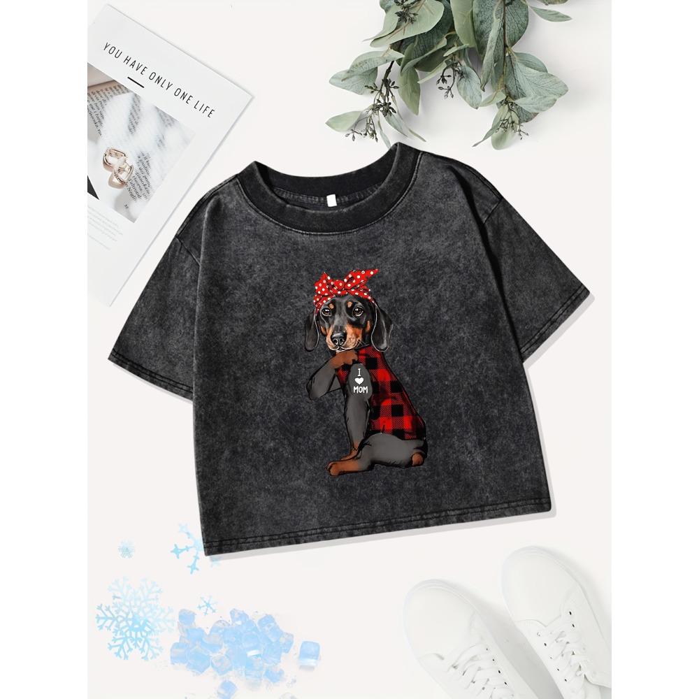 Summer Cotton Crop Tops Women Bow Dog I Love Mom Letter Prints Washed T-Shirts Regular Fit O-Neck Womans Clothes