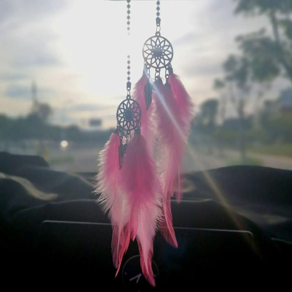 Lucky Dream Catcher Car Ornament – Feather Mirror Pendant for Girls, Perfect for Car Interior & Home Decoration