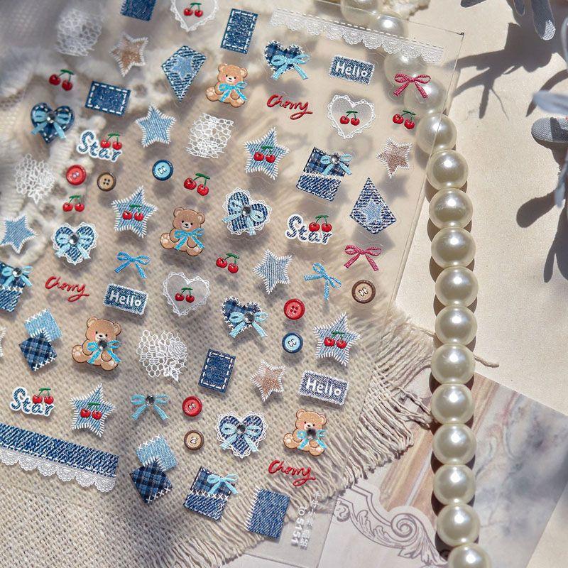 

Bright Crystal Denim Bear Nail Sticker New Arrival Relief 3D 3D 5D Cute Stars Heart Nail Sticker Decoration Denim Bear 5151((Crystal Drill))