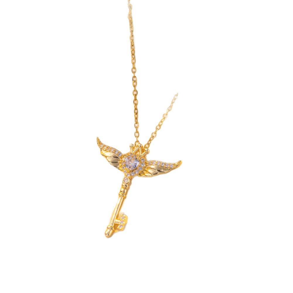 Diamond‑Inlaid Angel‑Wings‑And‑Key Women Necklace, Light‑Luxury Versatile‑Designed High‑End‑Texture Collarbone Neck Accessories