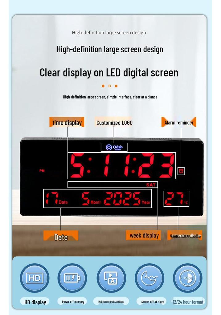 Large Wall-Mounted Digital LED English Calendar Clock with Temperature Display