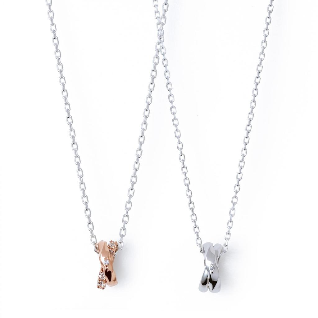 THE KISS Silver Pair Necklace Set SPD7032DM-7035DM 40cm 50cm - Diamond Crossing Two-Tone Design for Men & Women with Gift Box