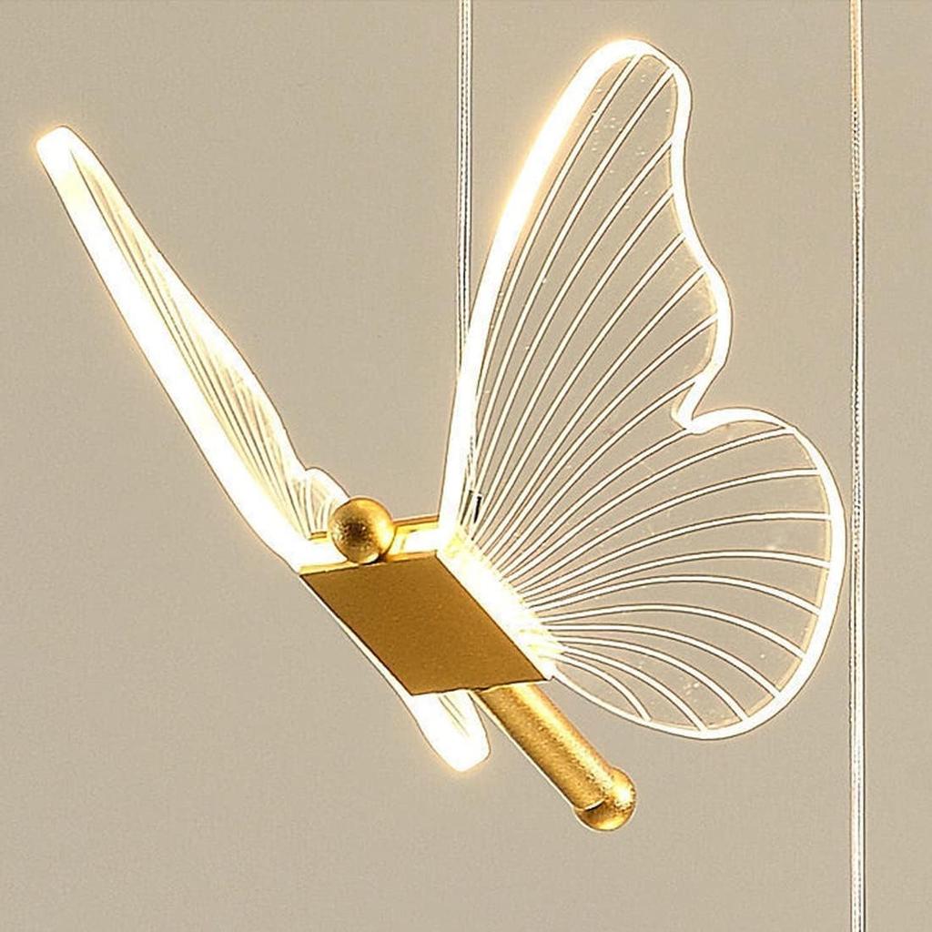 Butterfly Chandelier for Girls Bedroom Purple Pink Acrylic Shade 12W Dimmable LED Pendant Light Fixture Gold Hanging Ceiling Lamp for Staircase