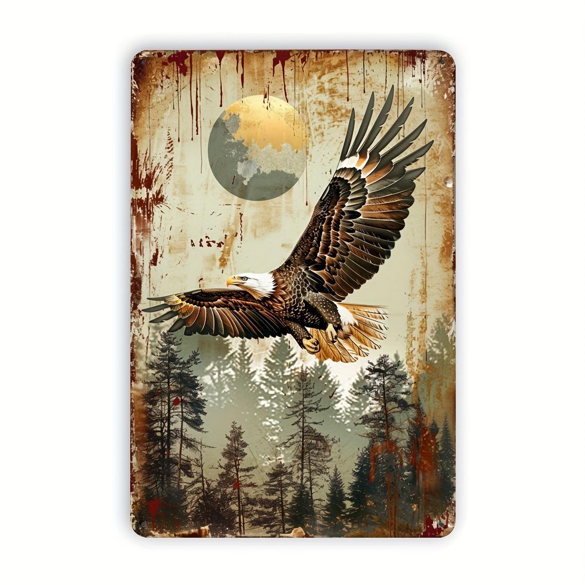 

High Definition Metal Tin Sign Flying Bald Eagle Forest Moon Retro Wildlife Wall Art Decor for Man Cave Garage Vintage Nature 20x30cm（7.8x11.8inch）