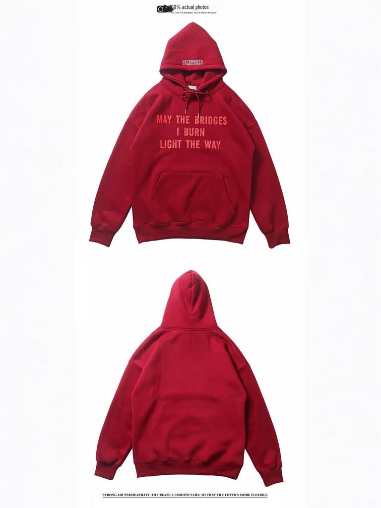 Chen Weiting Wine Red Fleece-Lined Cotton Hoodie with Letter Print