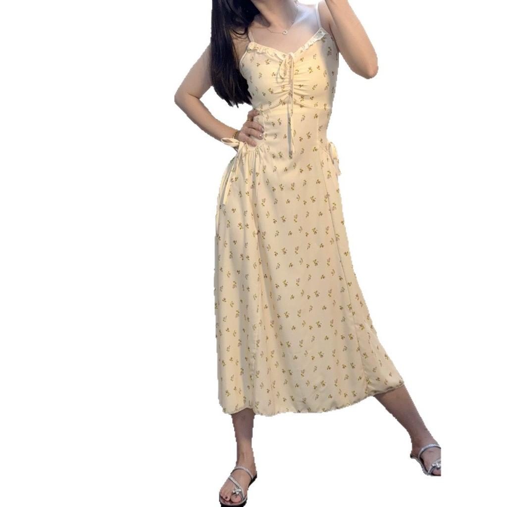 Women's Summer New Atmosphere Commuting Temperament Long Skirt French Yellow Floral Skirt Small Suspender Dress