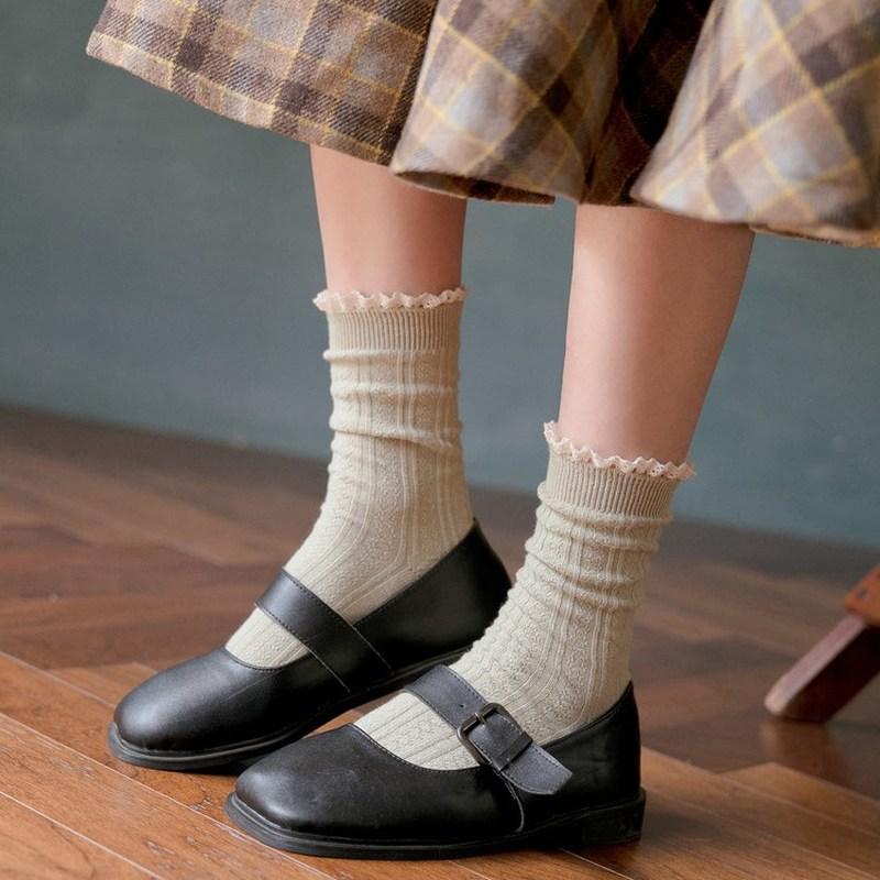 Lacework Ruffles Socks Solid Cotton Breathable Harajuku Vintage Streetwear Crew Sock Japanese Kawaii Cute Women's Socks