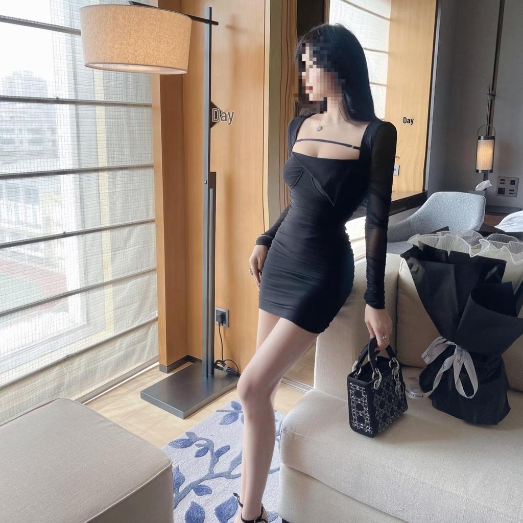 Spring Summer French Square Neck Puff Sleeve Bodycon Dress - Waist Cinched, Slimming Short Skirt