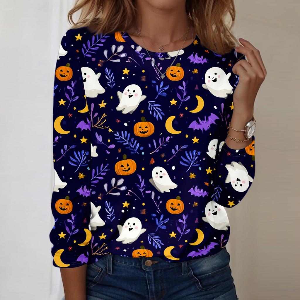 Women's Casual Long Sleeve Crewneck Top with Halloween Print for Fall Festive Wear