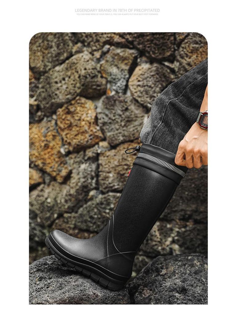 Men's High-Top Waterproof Non-Slip Rain Boots with Drawstring Long Tube Style