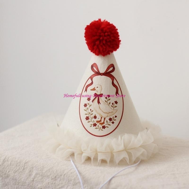 Fun Pompoms Celebration Hat Duckling/Flower Embroidery Elastic For Birthday Event Hat