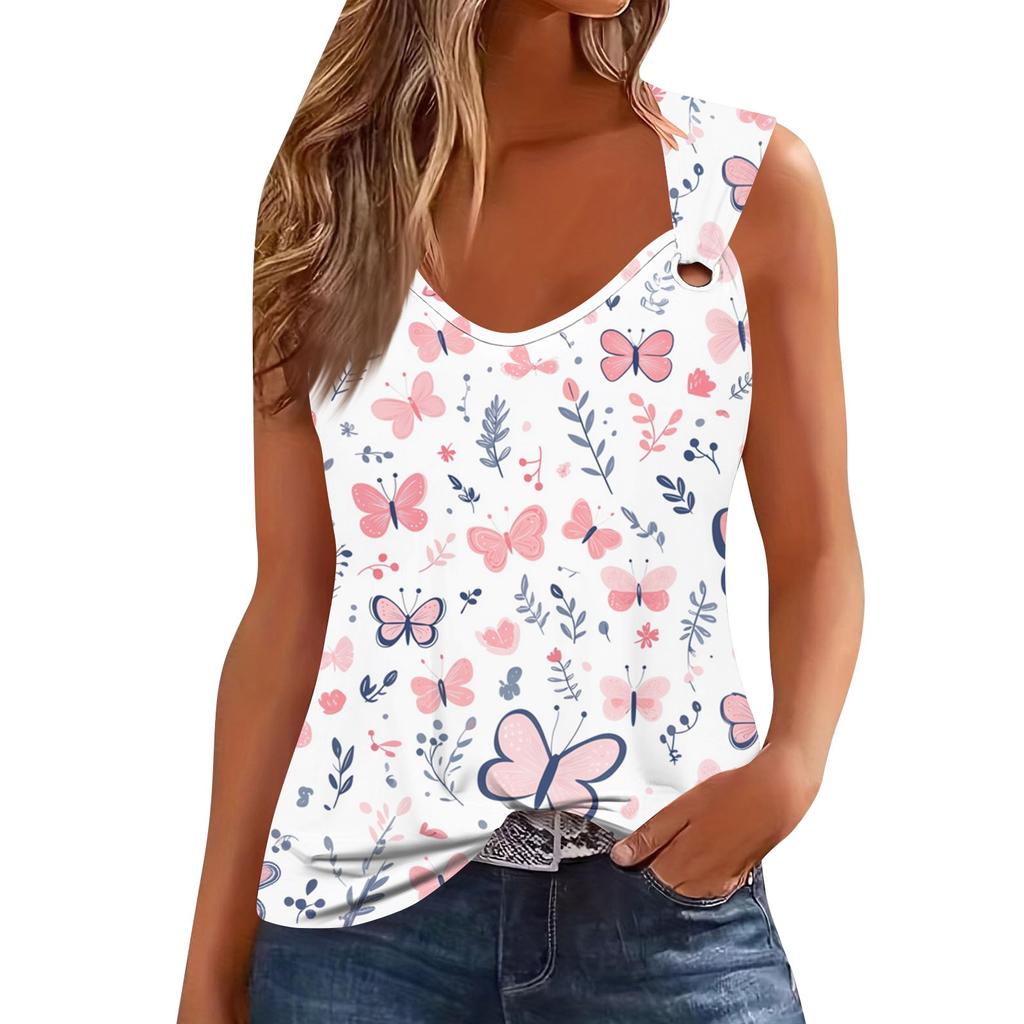 Damski top bez rękawów z dekoltem w serek, podstawowy, nadrukowany, swobodny, swobodny, bez rękawów, z głębokim wycięciem z boku, dla kobiet