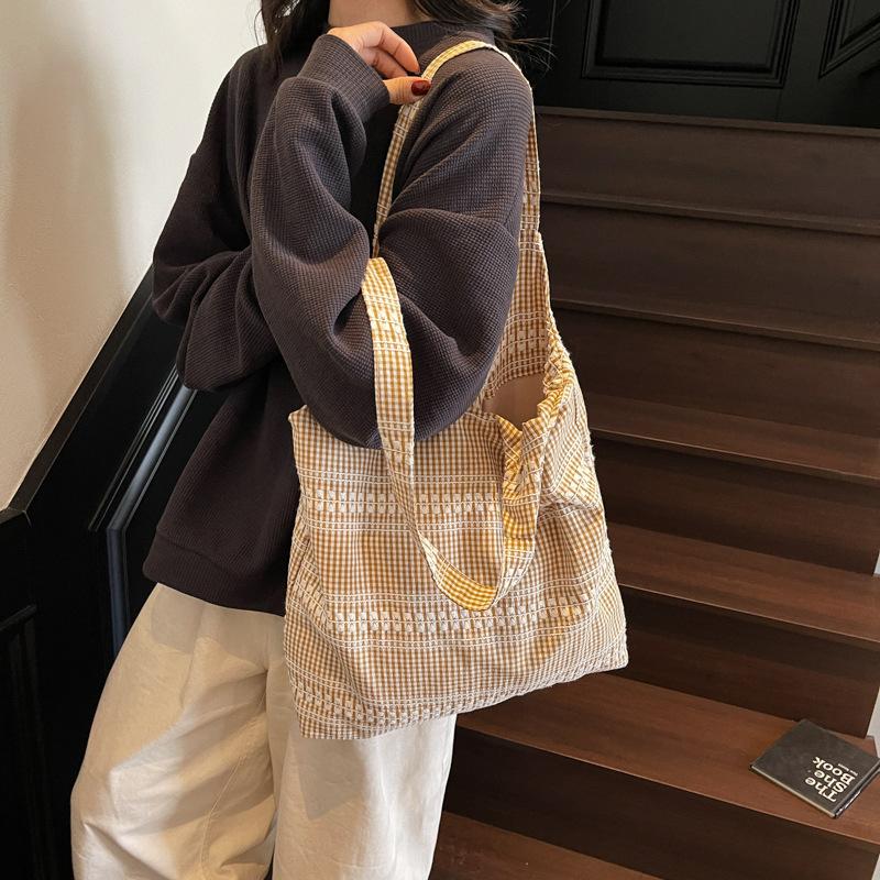 Fashion Plaid Canvas Bag Lazy Wind Underarm Bag Women's New Casual Large-capacity Shoulder Tote Bag