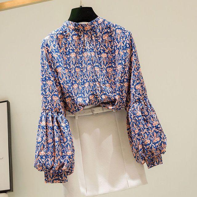 Lucerna rukávy Šifonová košile Jarní novinka Retro Fragmentovaná květinová společenská halenka Dámské tričko s dlouhým rukávem ve stoje