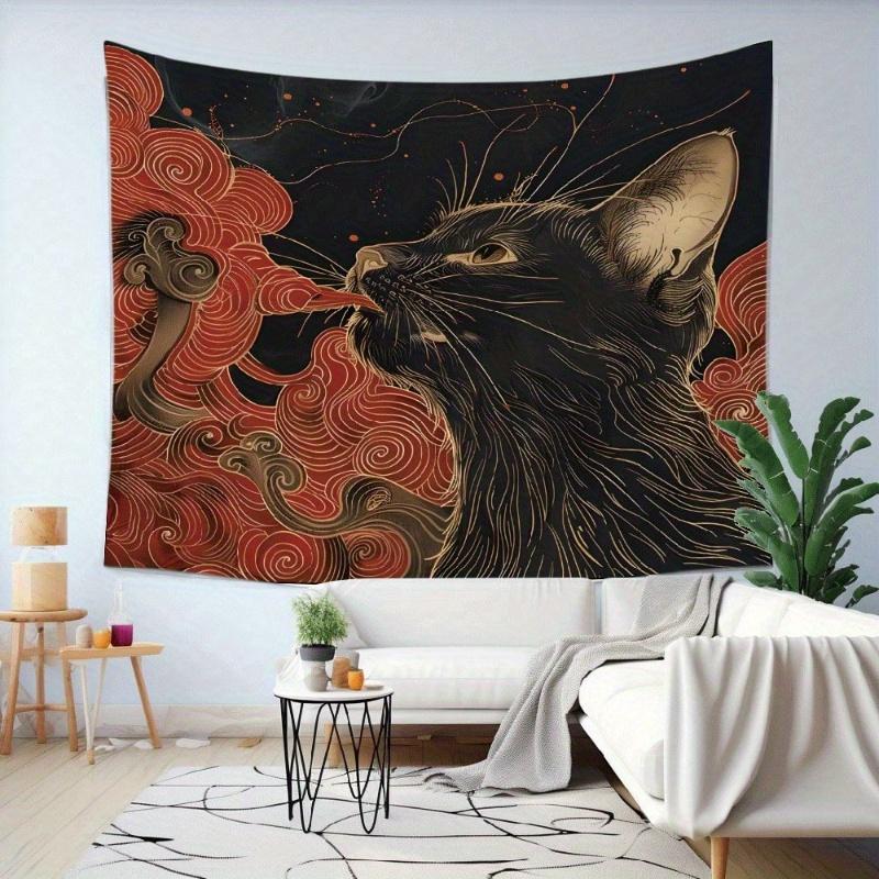 1 Pc Asian Ukiyo Art Japanese Cat Swallowing Clouds Wave Fabric Fun Tapestry Wall Hanging with Accessories, Home Dormitory Bedroom Wall Decor
