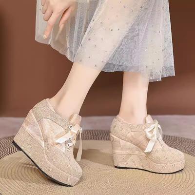 Fashion Women's 15CM Super High Wedge Shoes Thick Platform Sole College Style Lace-Up Casual Footwear Slimming Design Daily Wear