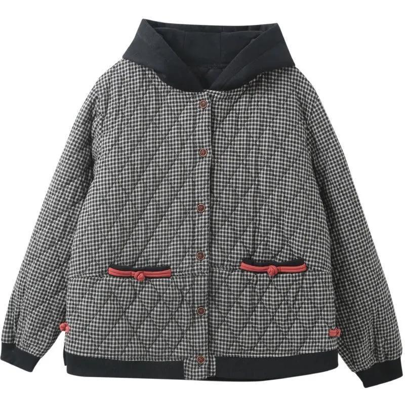 Women's Fall and Winter Loose Casual Hooded Warm Jacket Spring Long-sleeved Short Plaid Jacket