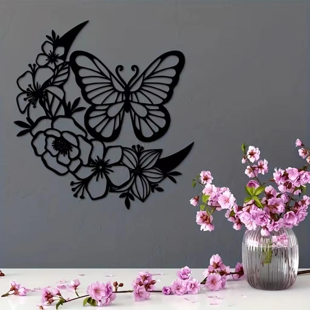 Moon Phase Boho Wall Pediments – Nordic Metal Wall Art with Flowers and Butterflies. Ideal for Moon Phase Wall Hanging and Decor