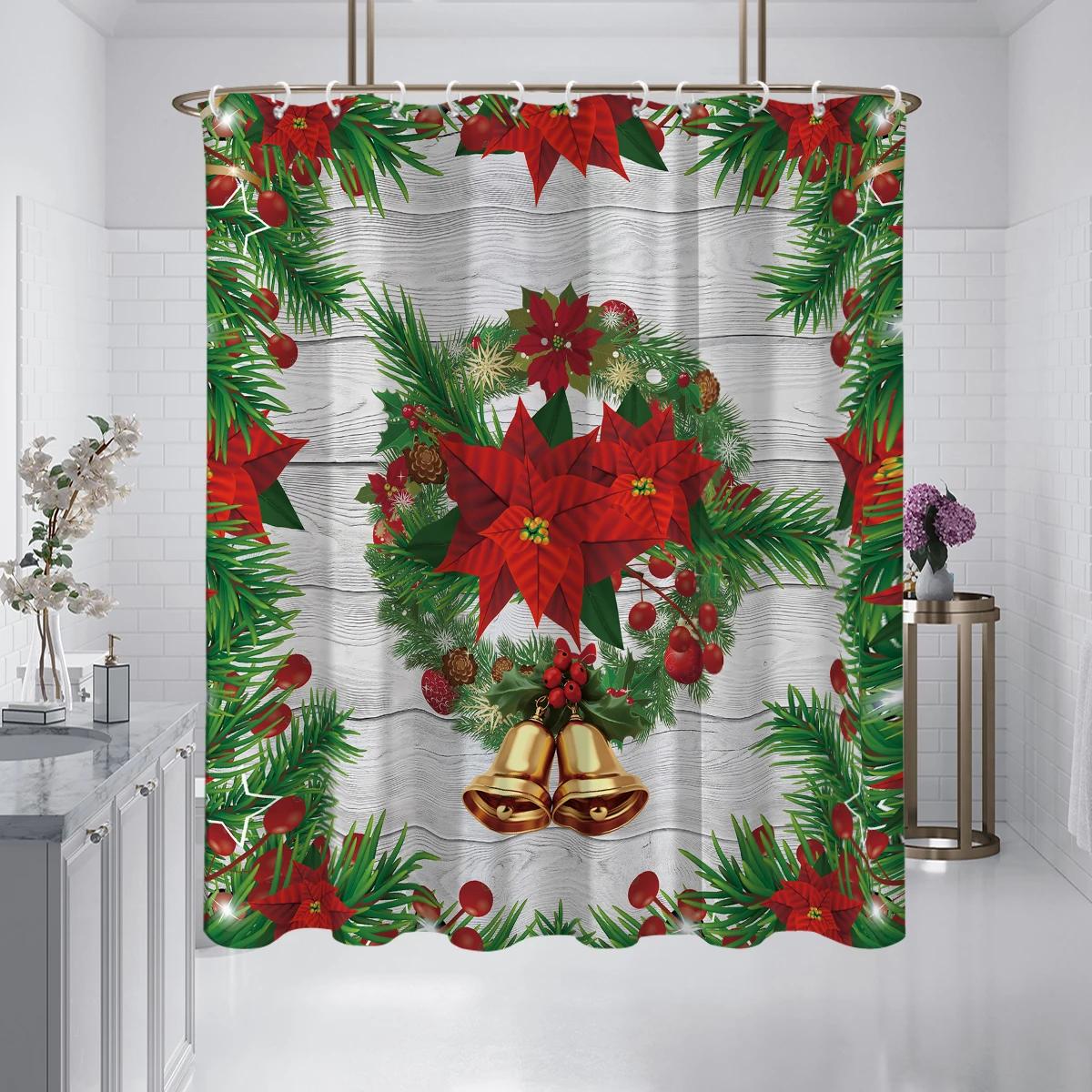 

1PC Christmas themed pattern shower curtain, pine needle flower pattern,waterproof, with 12 hooks, for bathroom shower, home u 90x180cm