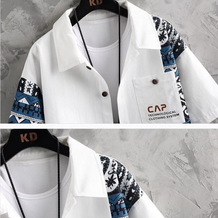 Summer Short Sleeved Shirt Set Men's Short-sleeved Shirt Suit Men's Splicing Printing Casual Sports Shorts Two-piece Clothes