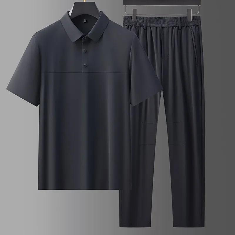 2026 Summer Men's Middle-Aged & Elderly Casual Sports Suit Men High Elasticity Cool Ice Silk Polo Shirt & Long Pants 2 Piece Set