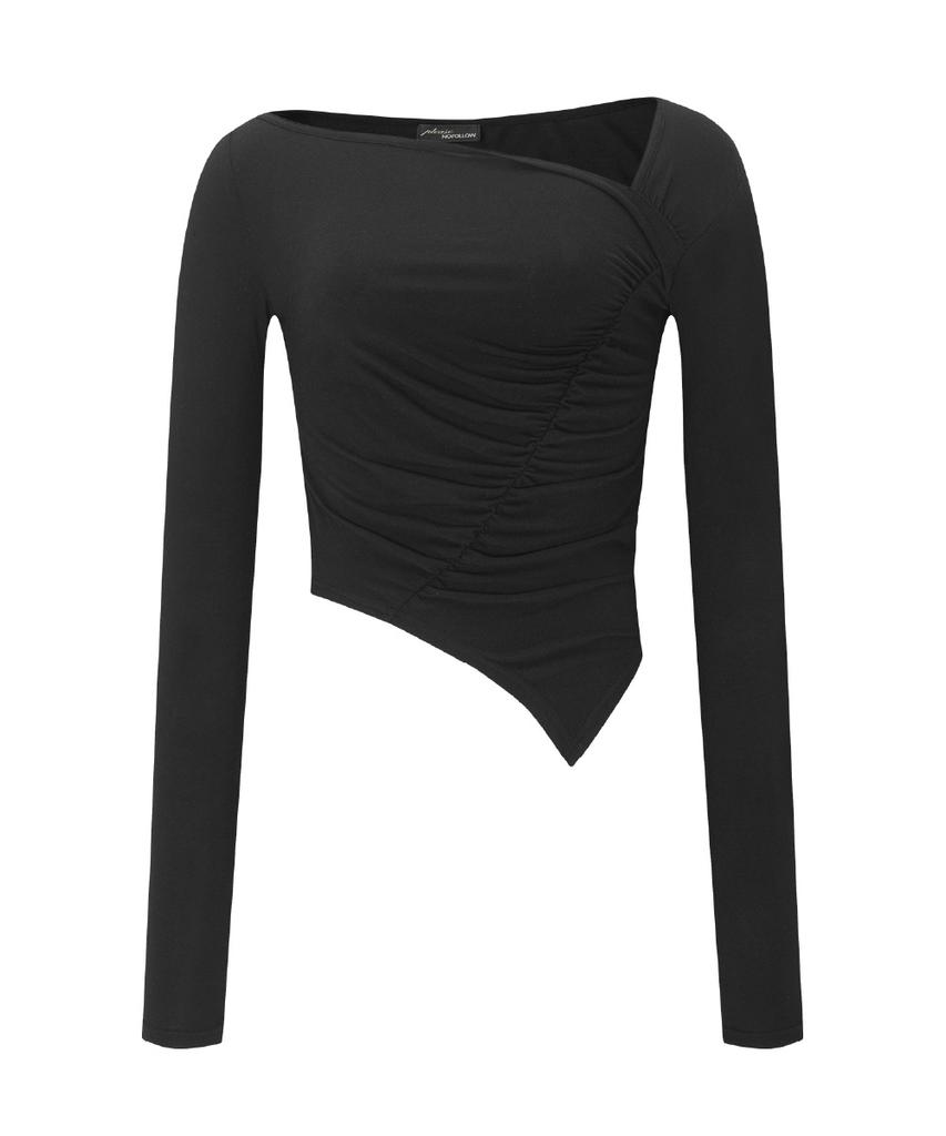 Peullijeunopallou Sadie Unbal Shirring Long Sleeve Top (Black)