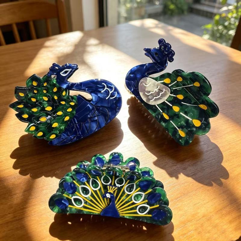 New Boho Peacock Feather Hair Clips Cute Animal Acetate Jaw Clips for Women Bridesmaid Gift Wedding Decor