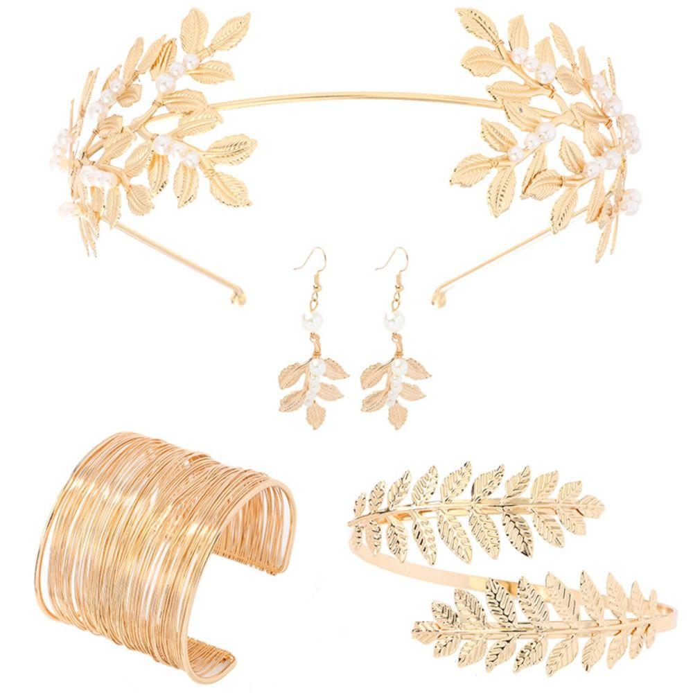 Pente de Cabelo Dourado Folhas Douradas para Noiva Pulseira de Braço Coroa de Folhas de Louro Conjunto de Joias de Deusa Festa Temática