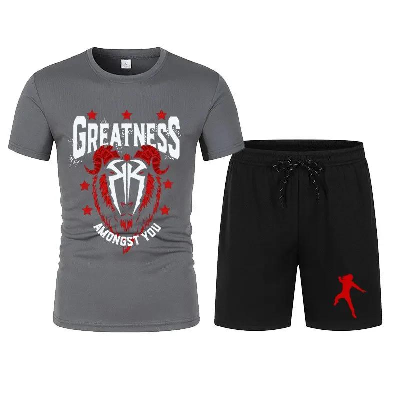 Bărbați's Black Roman Reigns Levels Above T-shirt Shorts Set de vară cu mânecă scurtă Bărbat Overiszed costume Seturi de îmbrăcăminte la modă noi